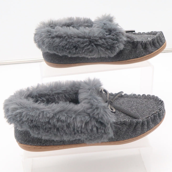J.Crew Womens Moccasin Slippers Gray Wool Faux Fur Trim Bow Size 8 House Shoes