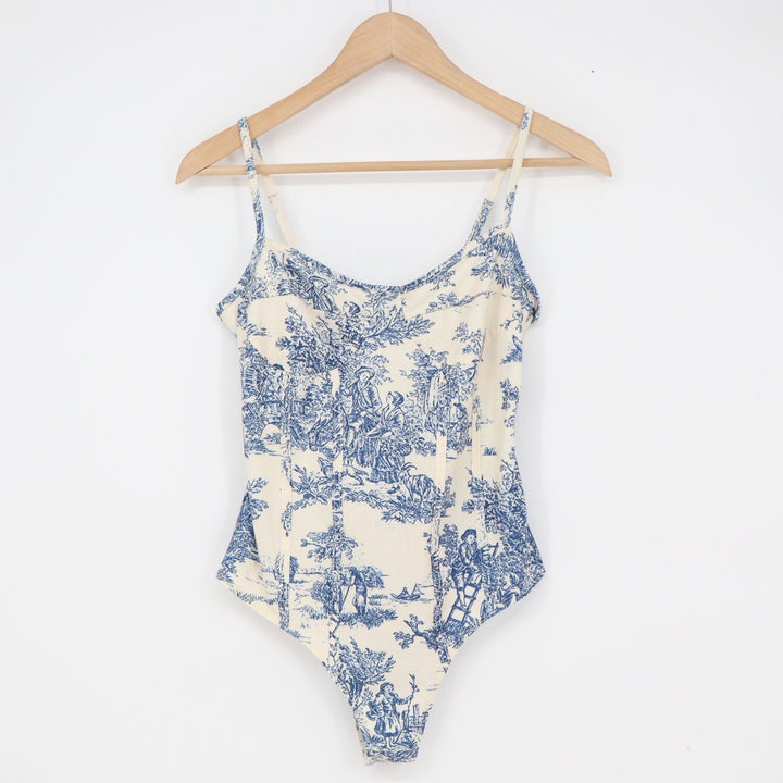 Cider Blue White Toile de Jouy Scenic Print Bodysuit Small