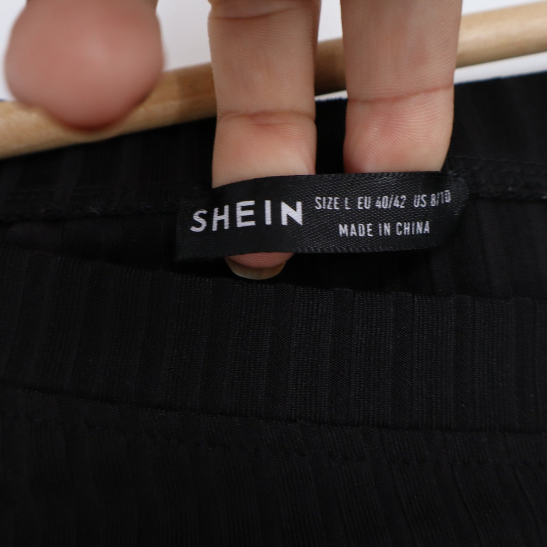 SHEIN Womens Black Asymmetrical Ribbed Long Sleeve Button Detail Top Size 8/10 L