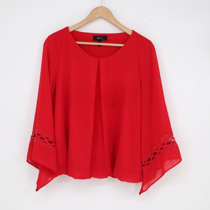 BCX Red Bell Sleeve Blouse Lattice Crochet Pleated Front Chiffon Top Large