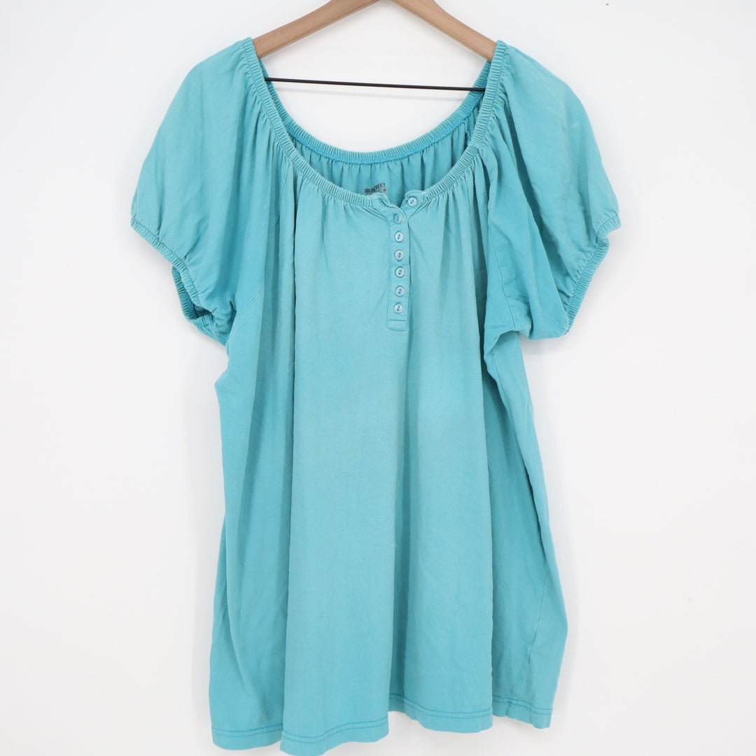 Mainstreet Blues Womens 1X Turquoise Blue Cotton Henley Peasant Top Short Sleeve