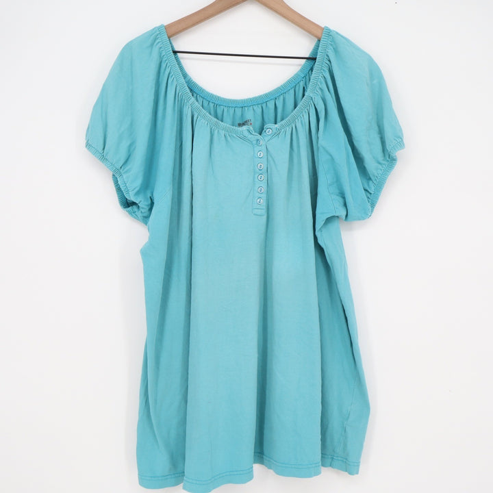 Mainstreet Blues Womens 1X Turquoise Blue Cotton Henley Peasant Top Short Sleeve
