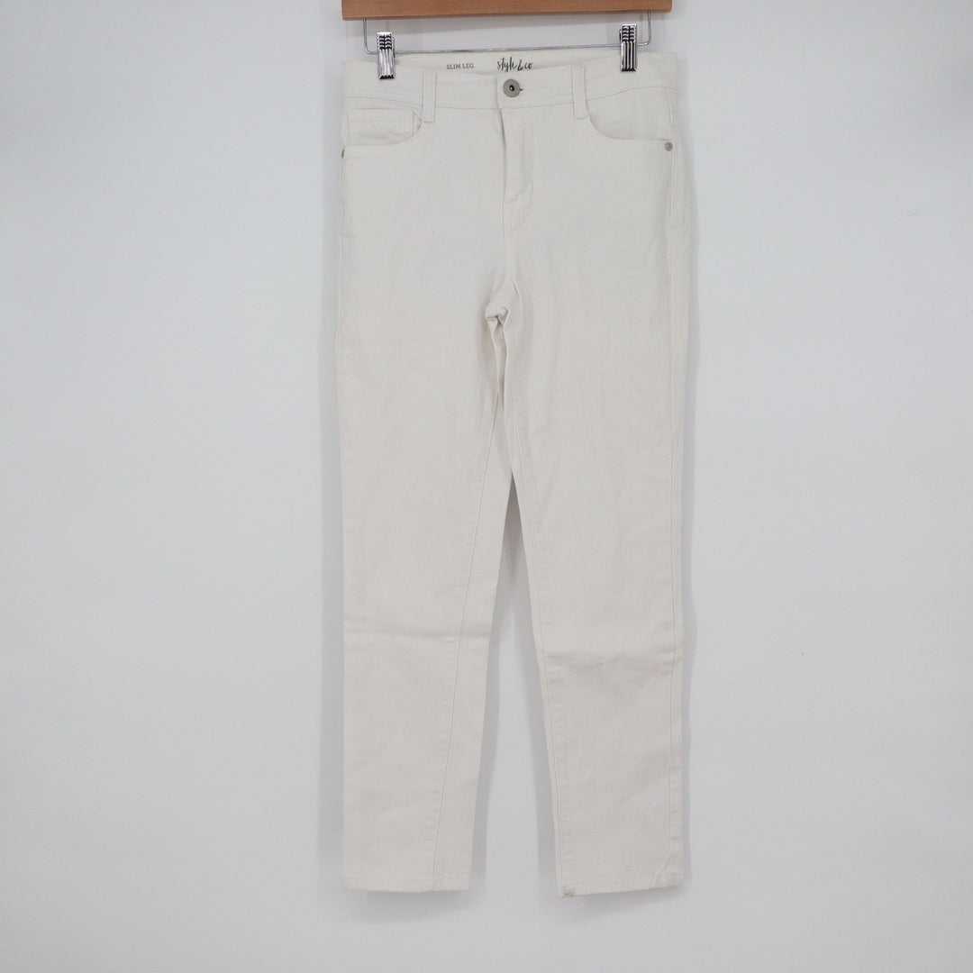 Style & Co Womens White Slim Leg Stretch Pants Size 4 Mid Rise Five Pocket