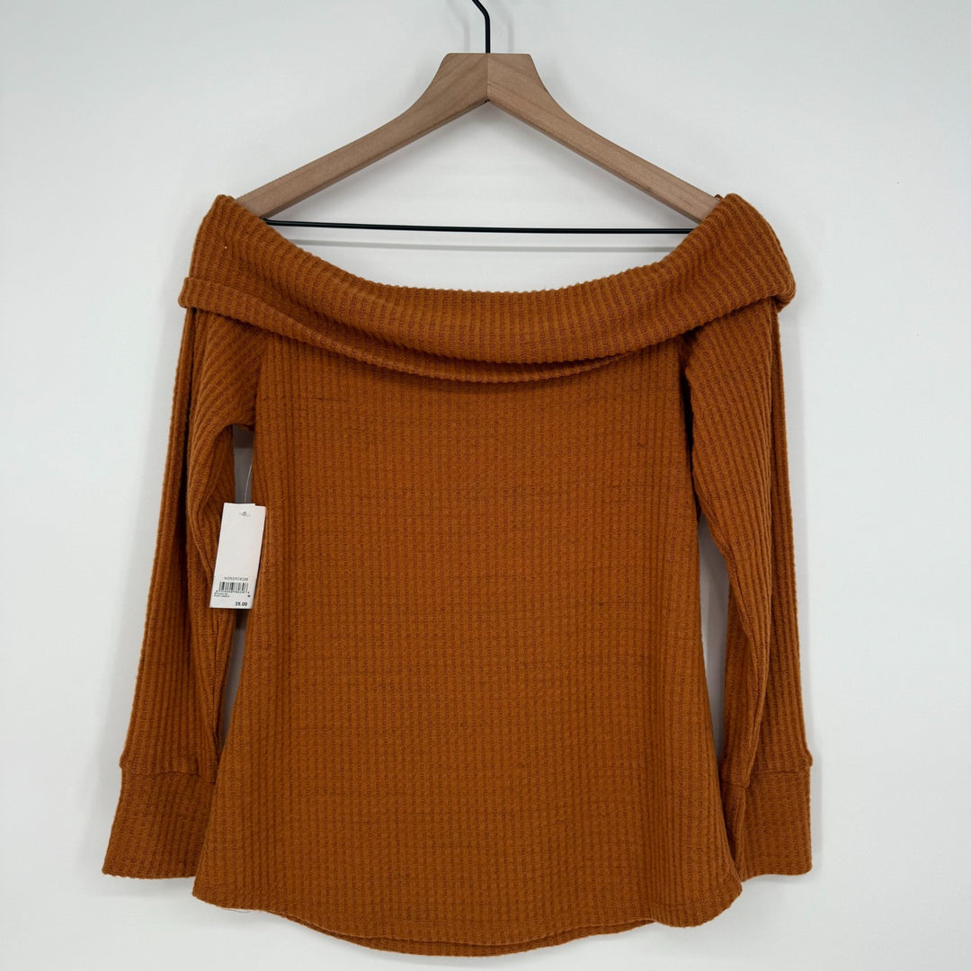 Nordstrom BP. Top Womens Medium Rust Umber Waffle Knit Off the Shoulder Stretch