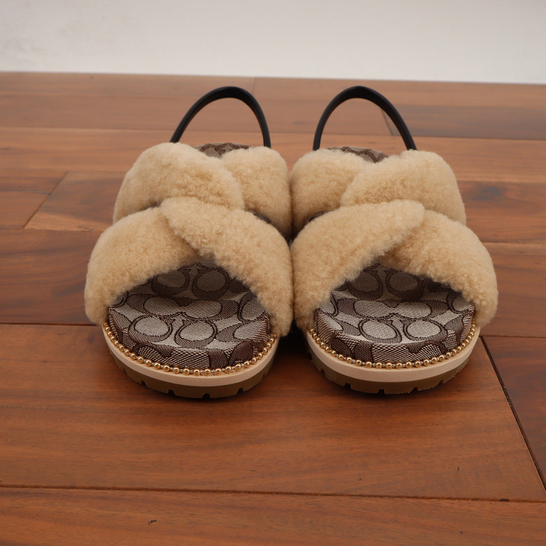 Coach Tally Shearling Sandal Natural Signature Monogram Size 8