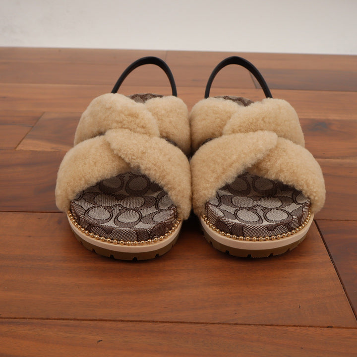 Coach Tally Shearling Sandal Natural Signature Monogram Size 8