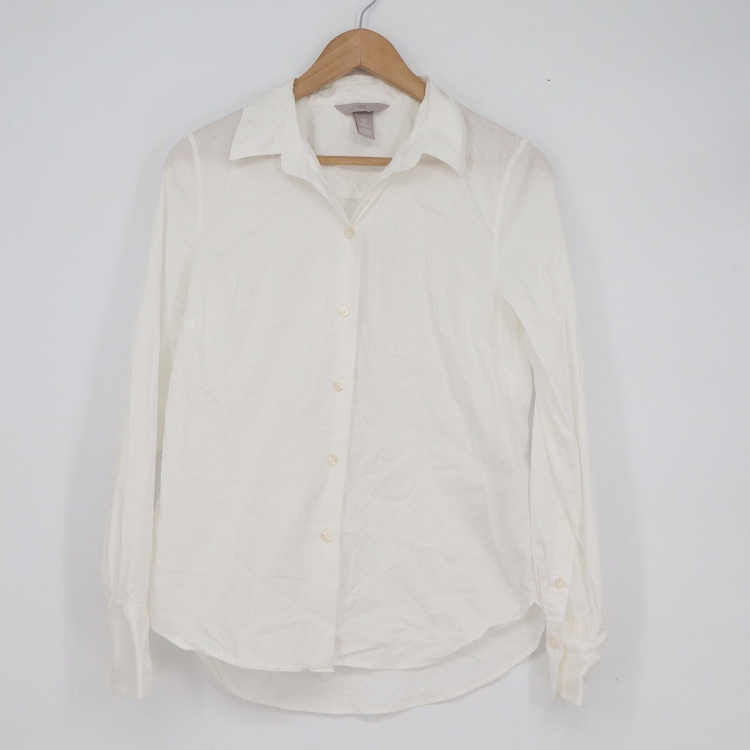 HM Women's White Long Sleeve Button Down Shirt Cotton Blend Stretch Small