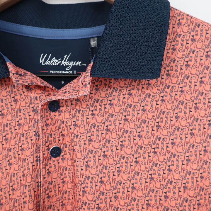 Walter Hagen Mens P11 Performance Golf Polo Bloody Mary Coral Print Shirt S