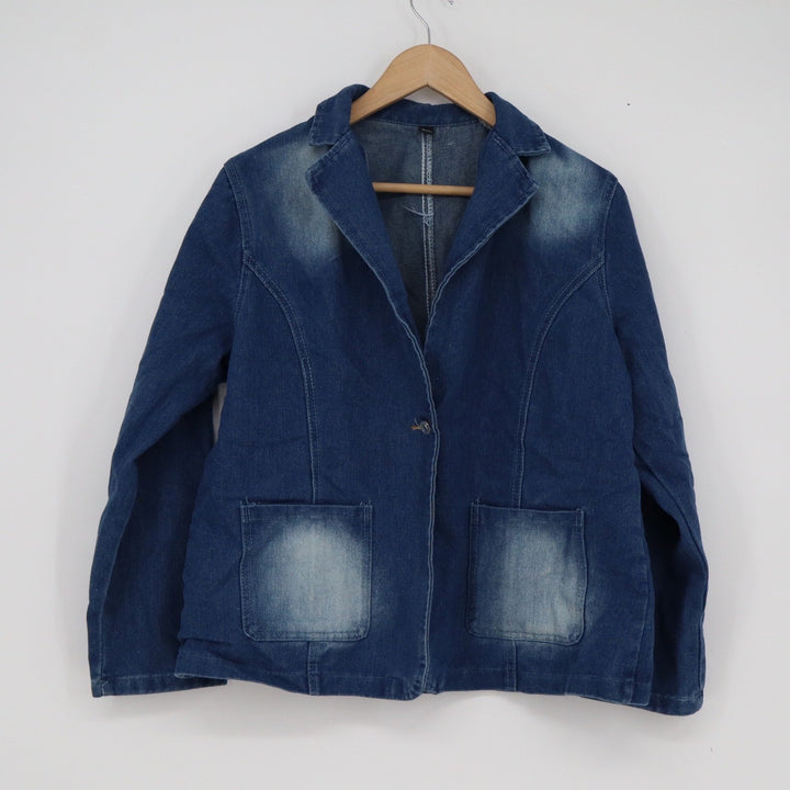 Fashion%Classic Blue Denim Blazer Jacket Faded Medium Wash 3XL