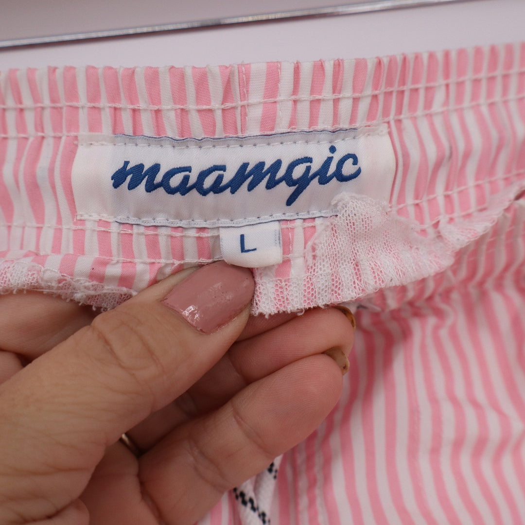 Maamgic Mens Pink White Striped Swim Trunks Beach Club Mesh Lined Shorts Large