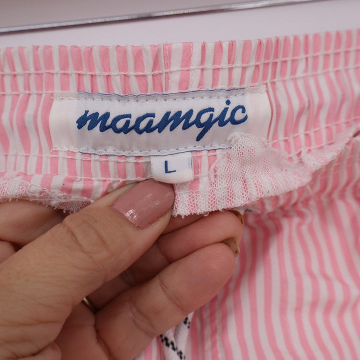 Maamgic Mens Pink White Striped Swim Trunks Beach Club Mesh Lined Shorts Large