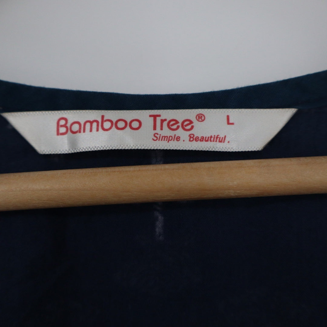 Bamboo Tree Navy Blue Dragonfly Print Split Neck Midi Shift Dress Womens Large