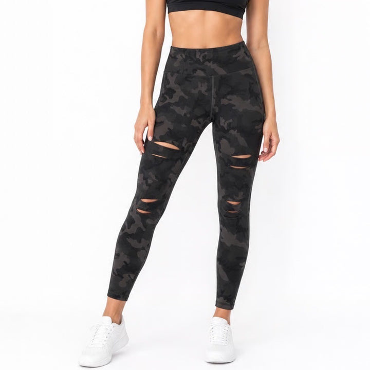Zyia Active Leggings Womens S Distressed Camo Dark Green Laser Cut Excellent