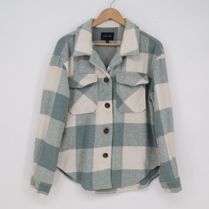 Love Tree Sage Green Buffalo Plaid Flannel Shacket Button Up Shirt Jacket Small