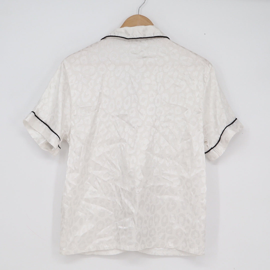 White Leopard Jacquard Satin Pajama Top Short Sleeve Black Piping Small
