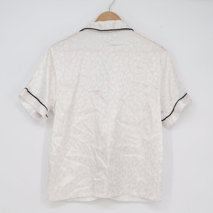 White Leopard Jacquard Satin Pajama Top Short Sleeve Black Piping Small