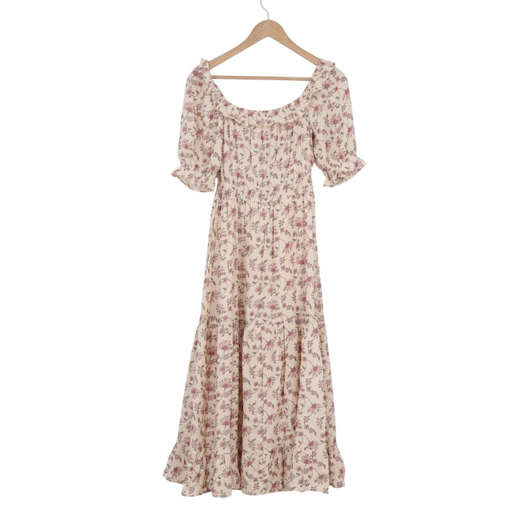 Trixxi Los Angeles Floral Smocked Midi Dress Cream Pink XS Peasant