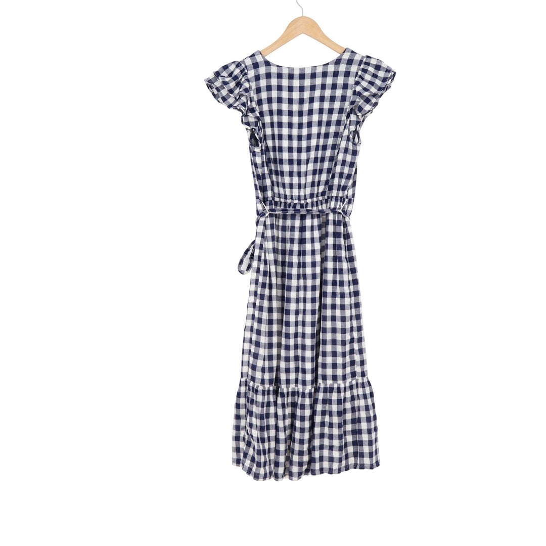 Old Navy Navy Blue Gingham Wrap Midi Dress Flutter Sleeve Tiered Cotton Small