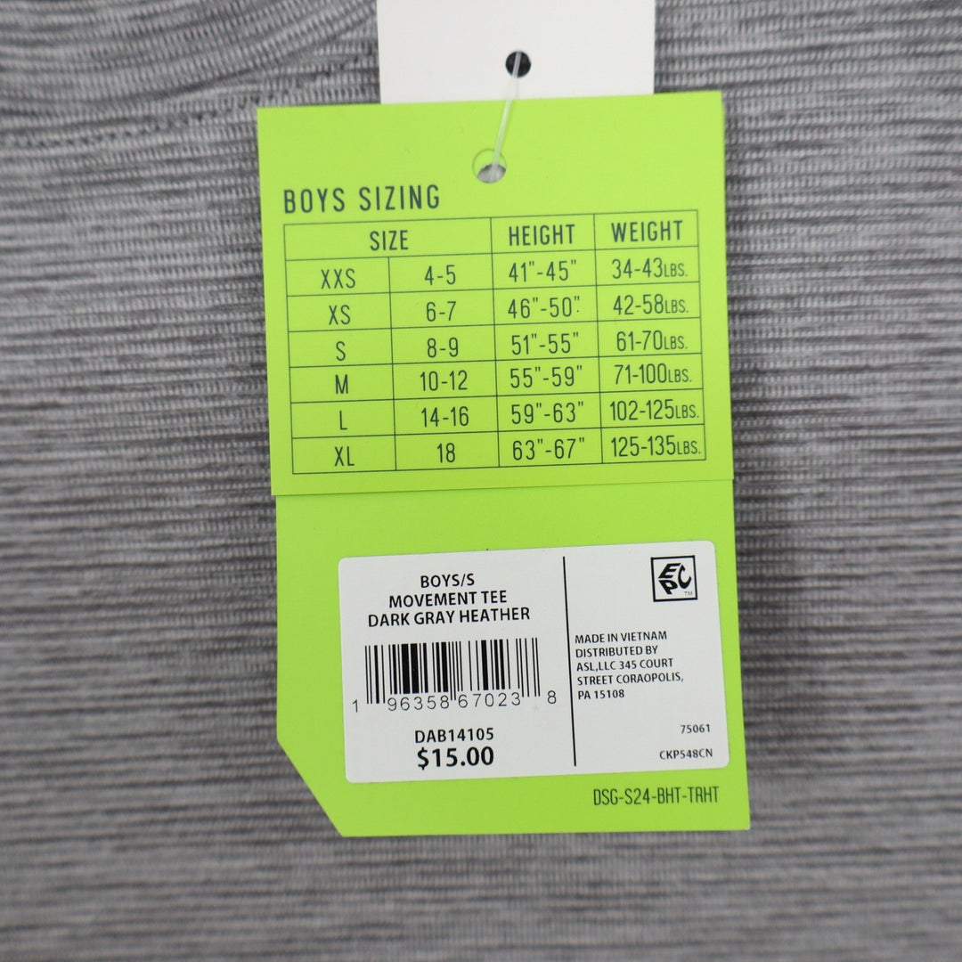 DSG Boys Movement Tee Dark Gray Heather Short Sleeve Athletic Shirt S 8-9