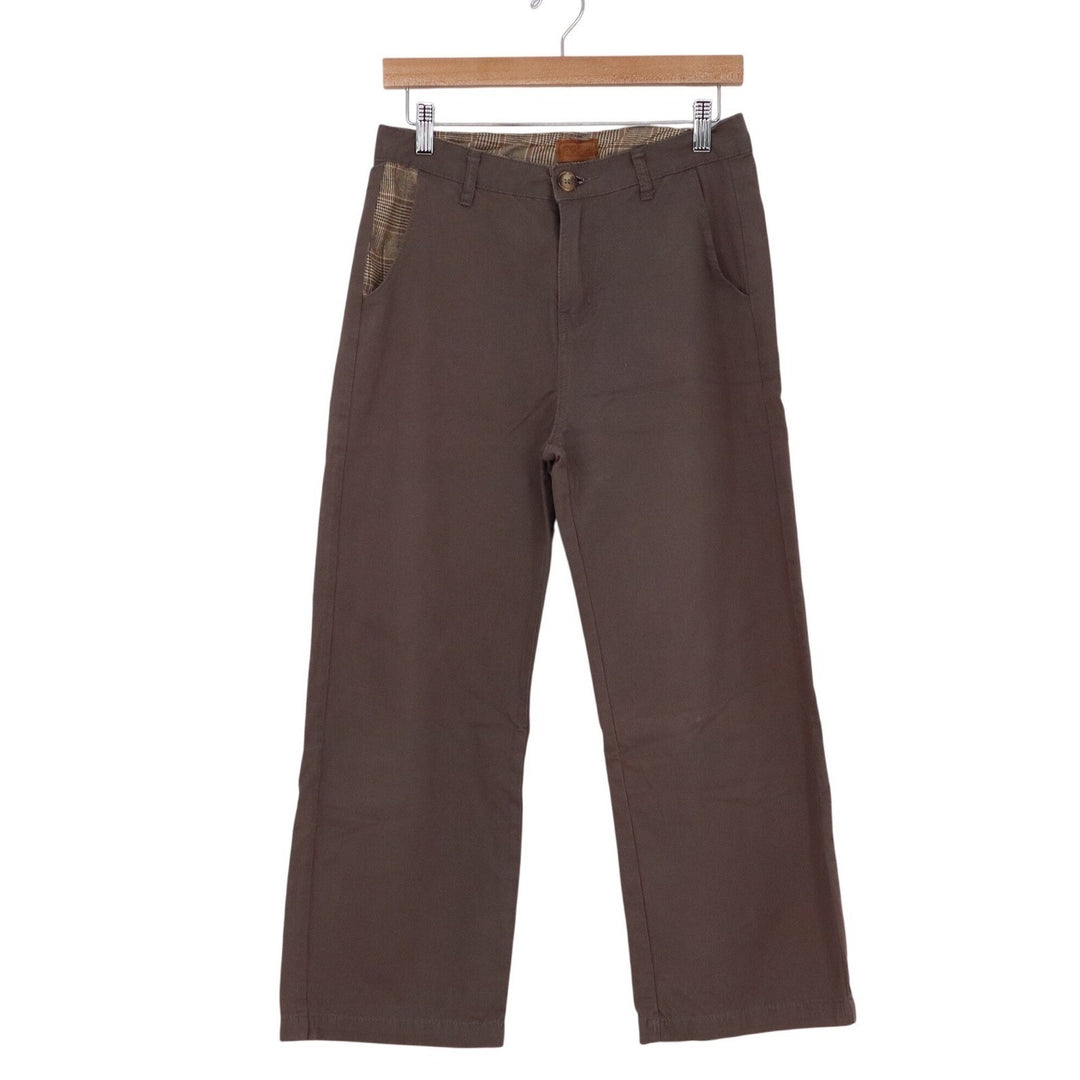 Pols Brown Plaid Trim Cotton Straight Leg Trousers Mens Size Small