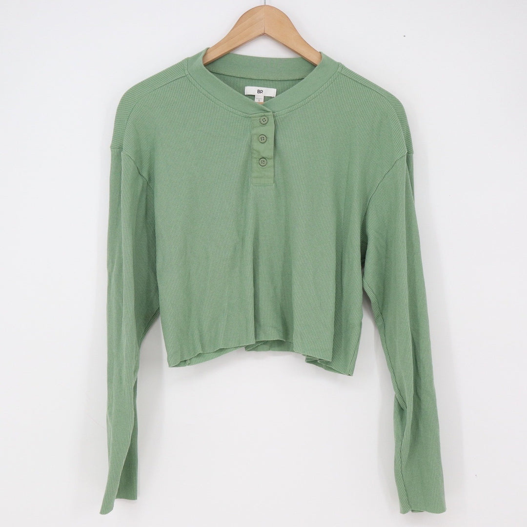 BP Top Womens S Henley Cropped Sage Green Waffle Knit Thermal Long Sleeve