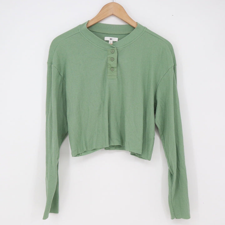 BP Top Womens S Henley Cropped Sage Green Waffle Knit Thermal Long Sleeve