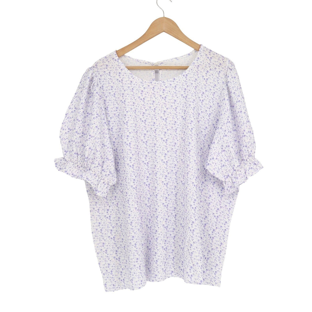 Blouse Womens 2XL White Floral Print Ruffle Short Sleeve Round Neck Pullover