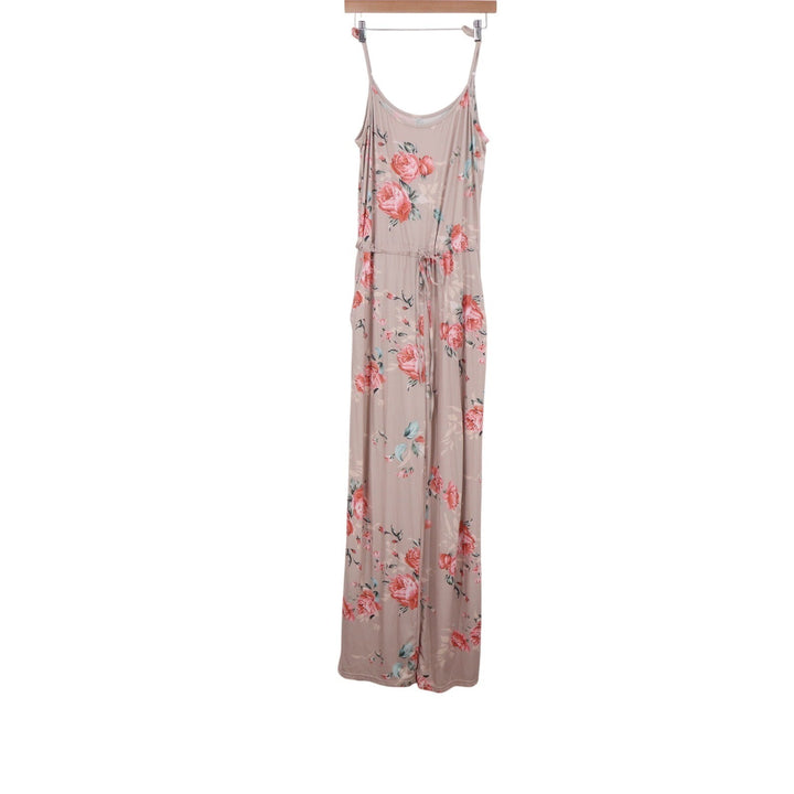 Floral Wide Leg Jumpsuit Mauve Pink Rose Print Spaghetti Strap Pockets Large
