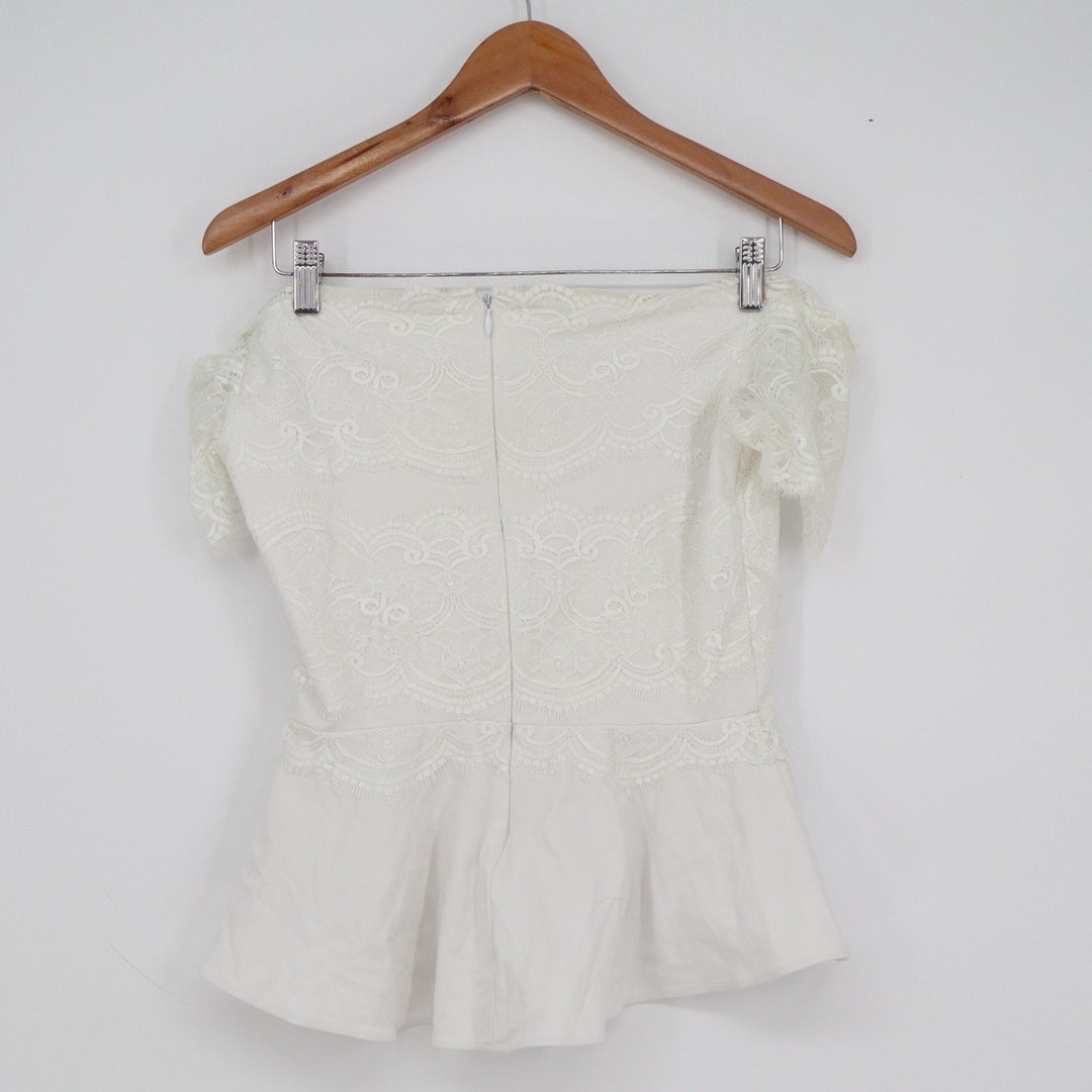 Bebe Ivory White Lace Off the Shoulder Peplum Top Short Sleeve Size M