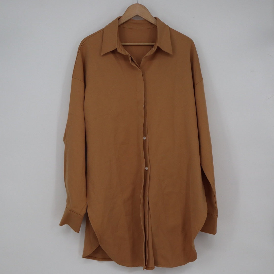 The Warmy Womens 2XL Camel Brown Oversized Longline Button Down Tunic Shirt