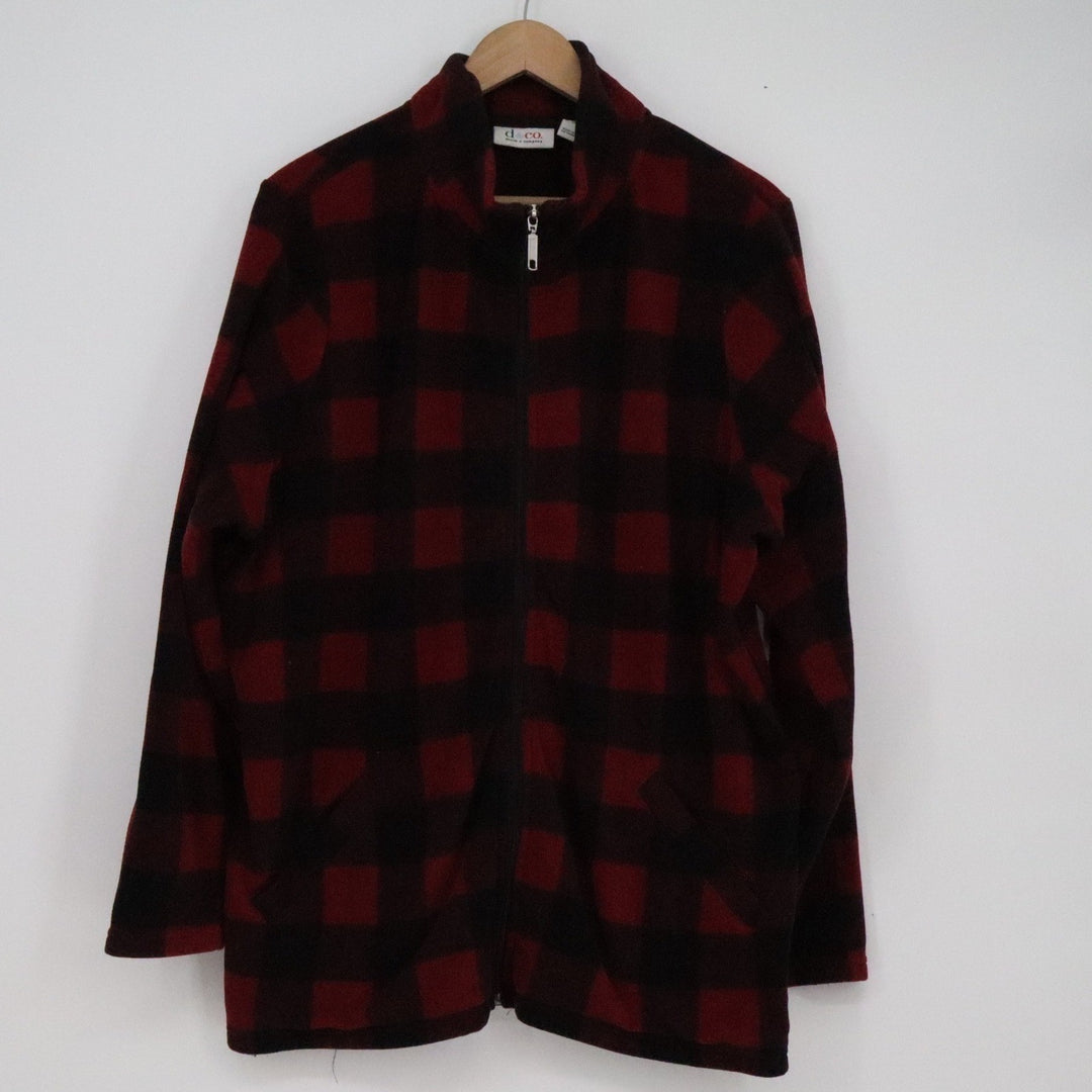 Denim & Co Womens 1X Buffalo Plaid Fleece Jacket Red Black Full Zip Mock Neck