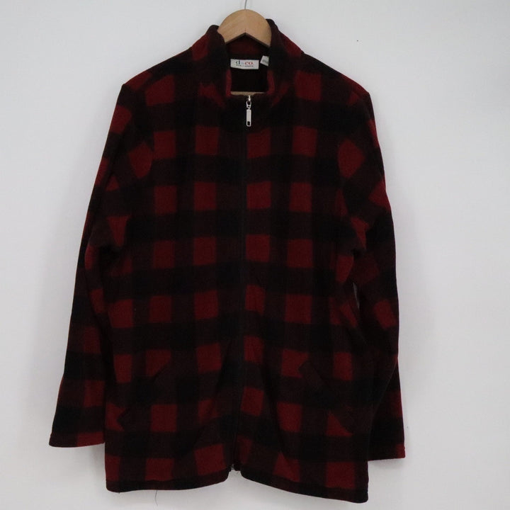 Denim & Co Womens 1X Buffalo Plaid Fleece Jacket Red Black Full Zip Mock Neck