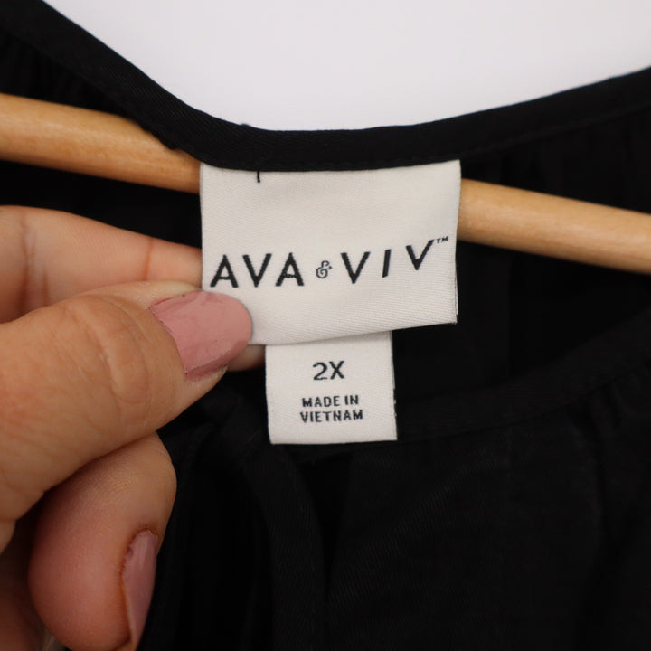 Ava & Viv Womens 2X Black Long Sleeve Tie Neck Peasant Blouse Relaxed Top