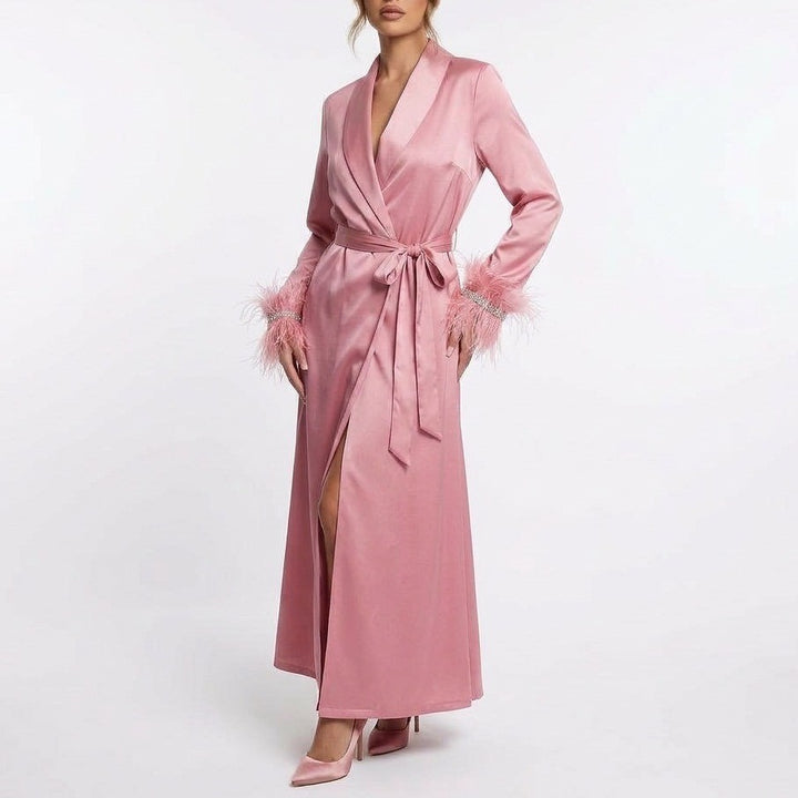 Naked Wardrobe The Statement Blush Pink Feather Pearl Embellished Maxi Robe M