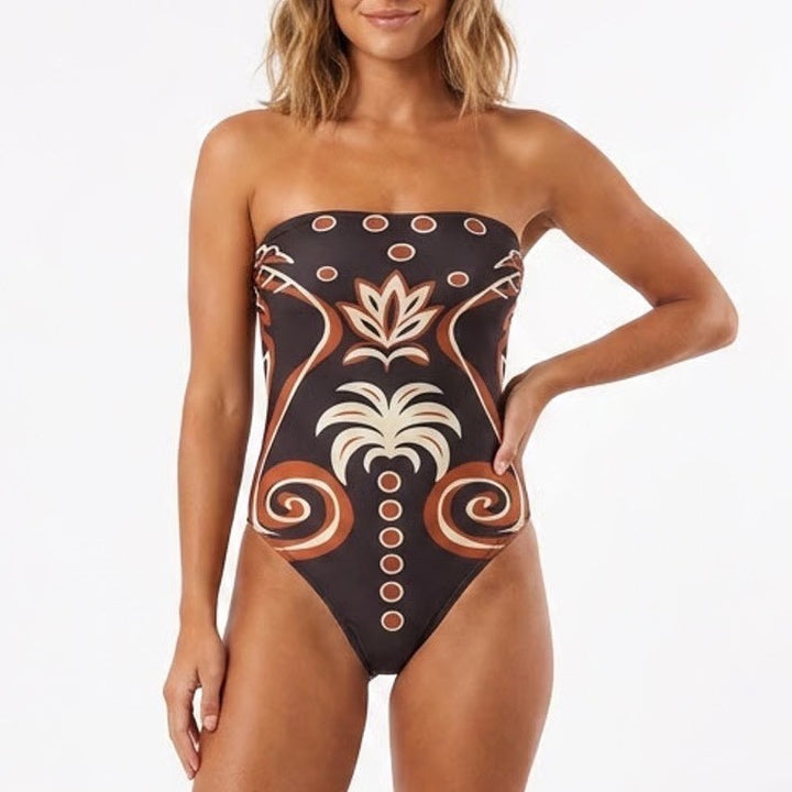 Black Terracotta Tribal Print Strapless High Cut One Piece Swimsuit Large