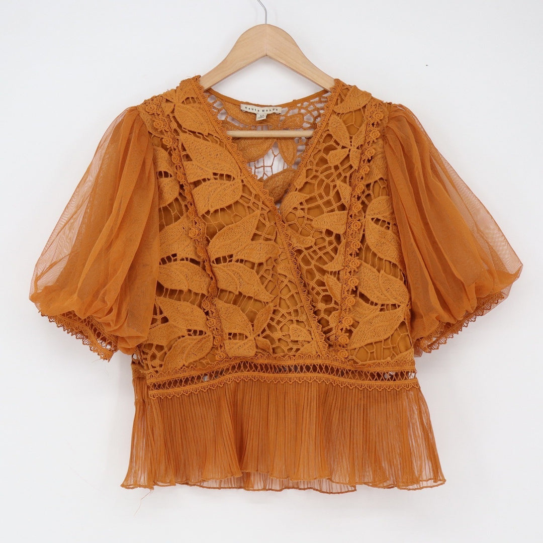 Haute Monde Blouse Womens M Mustard Yellow Crochet Lace Puff Sleeve