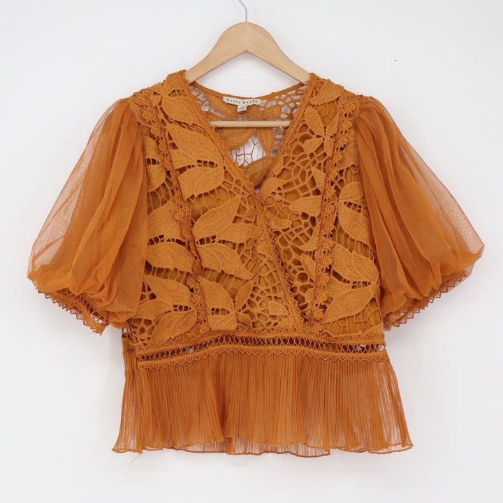 Haute Monde Blouse Womens M Mustard Yellow Crochet Lace Puff Sleeve