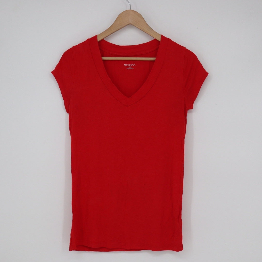 Merona Womens Red Short Sleeve V-Neck Stretch Rayon Blend T-Shirt Size M