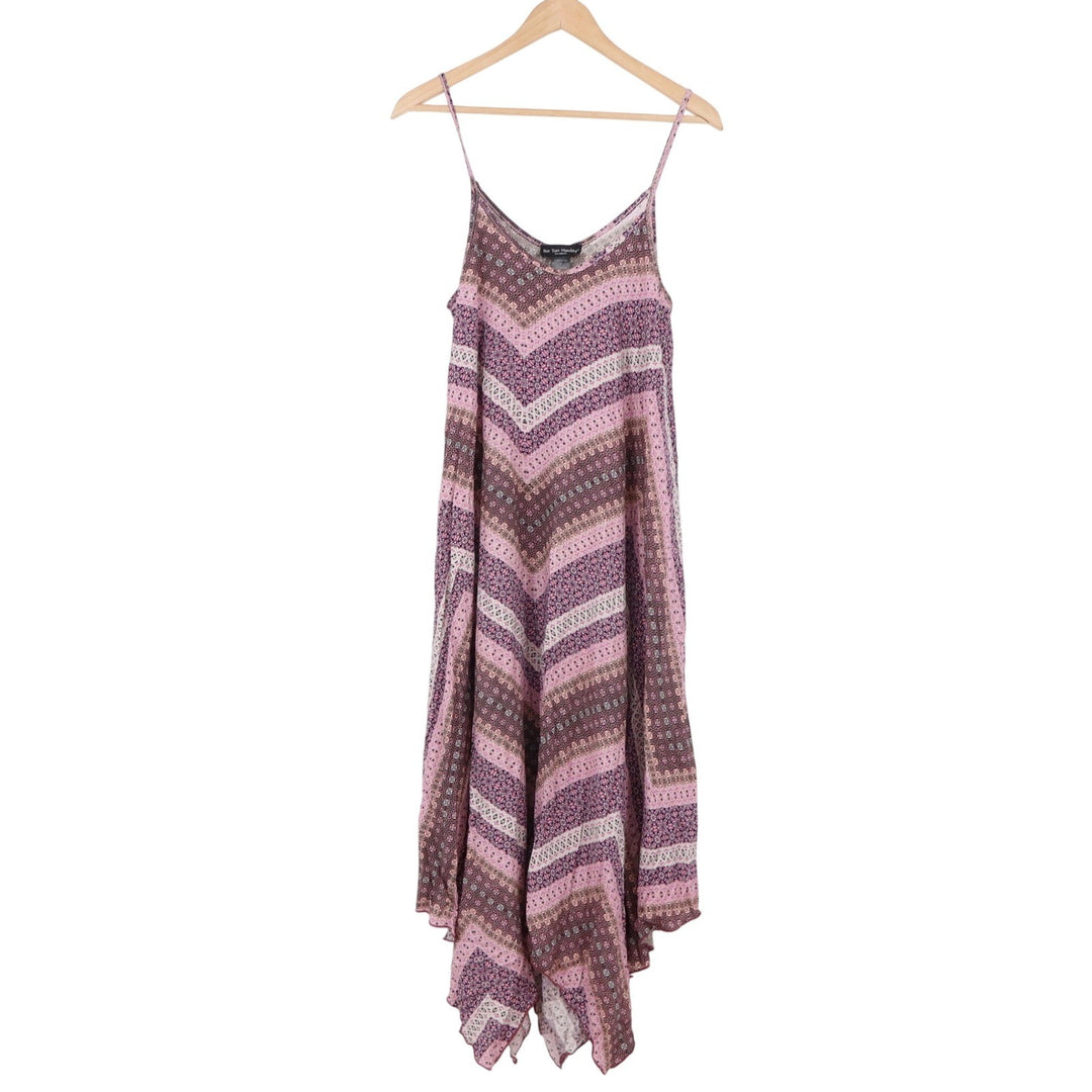 See You Monday Dress Womens M Midi Handkerchief Hem Purple Paisley Chevron Exc