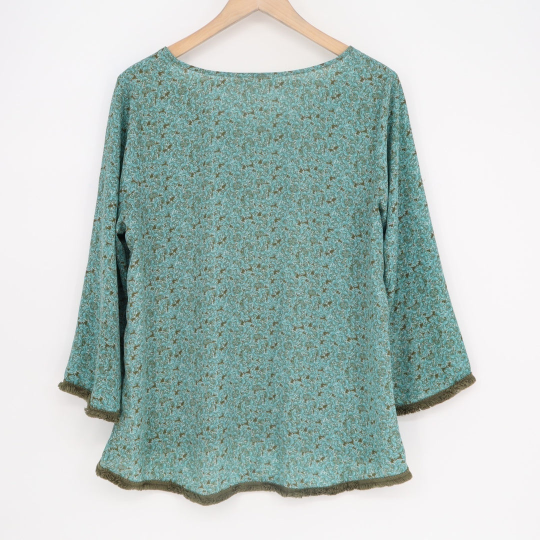 Charming Charlies Womens L Aqua Floral Fringe Trim Long Sleeve Neck Pullover