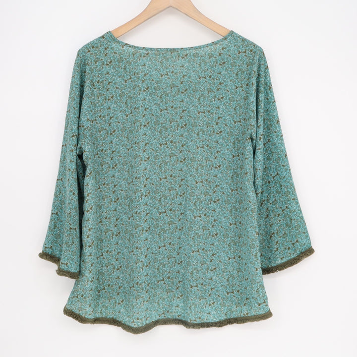 Charming Charlies Womens L Aqua Floral Fringe Trim Long Sleeve Neck Pullover