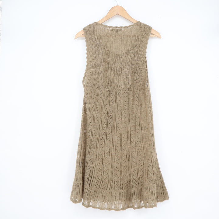 Jasmine KC Tan Mohair Wool Blend Open Knit Tie Front Tassel Tunic Sweater M