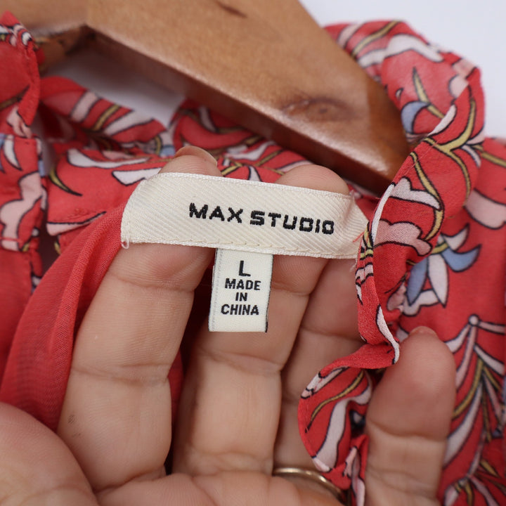 Max Studio Blouse Womens L Cold Shoulder Coral Red Ruffle Floral
