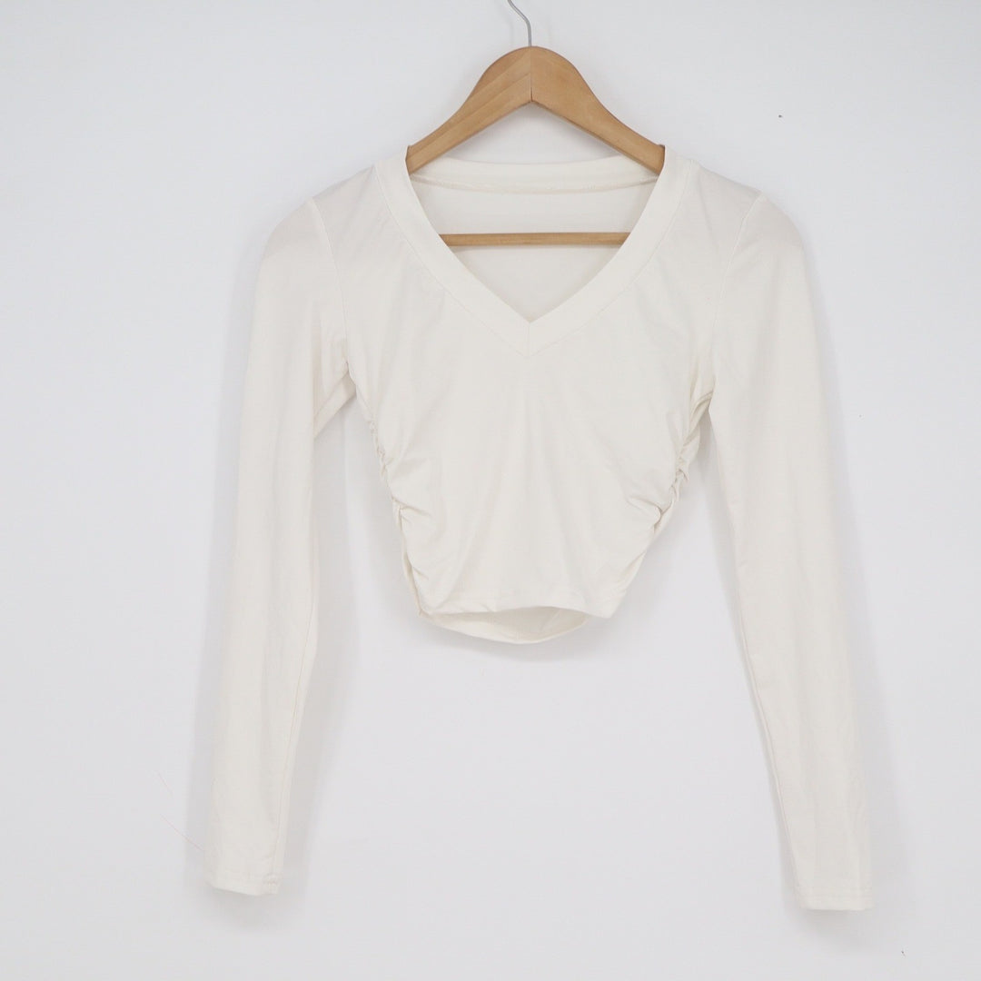 SHEIN Womens Off White V-Neck Ruched Long Sleeve Crop Top Size XS