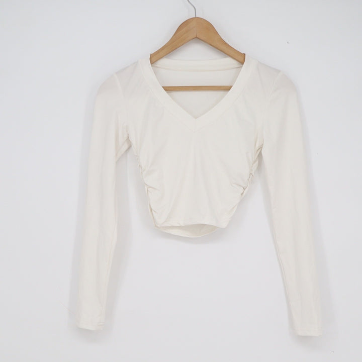 SHEIN Womens Off White V-Neck Ruched Long Sleeve Crop Top Size XS