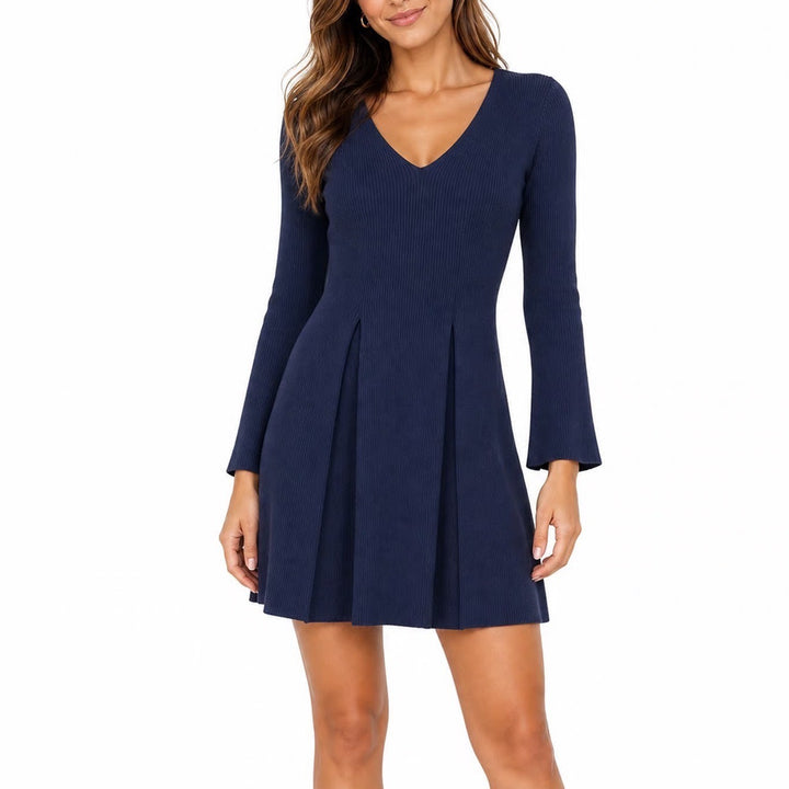 Finders Keepers Navy Blue Ribbed V-Neck Mini Dress Flared Sleeve XS