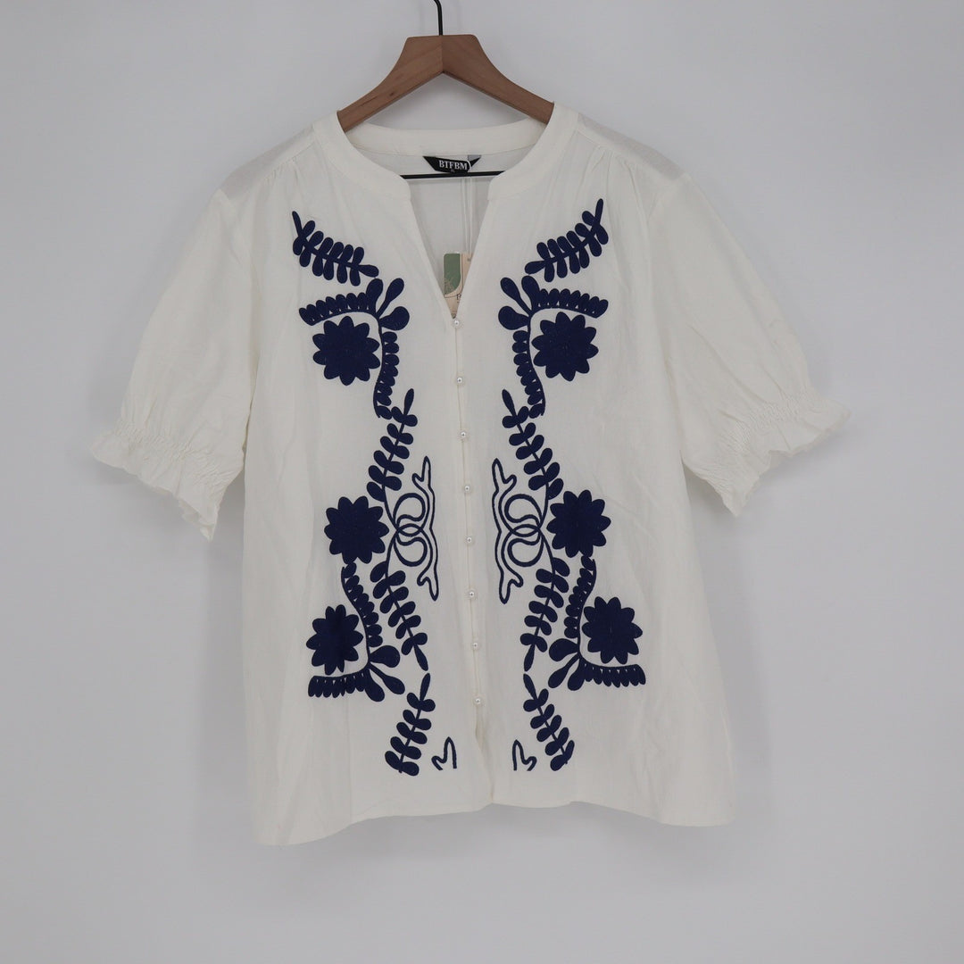 BTFBM Womens XL White Navy Blue Floral Embroidered Button Down Blouse