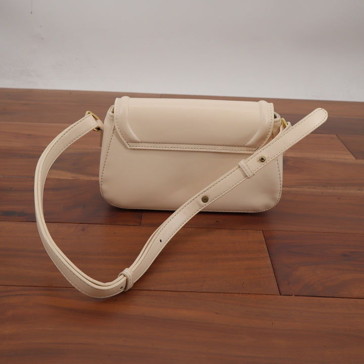 Cream Structured Faux Leather Shoulder Bag Minimalist Gold Hardware KLR 155