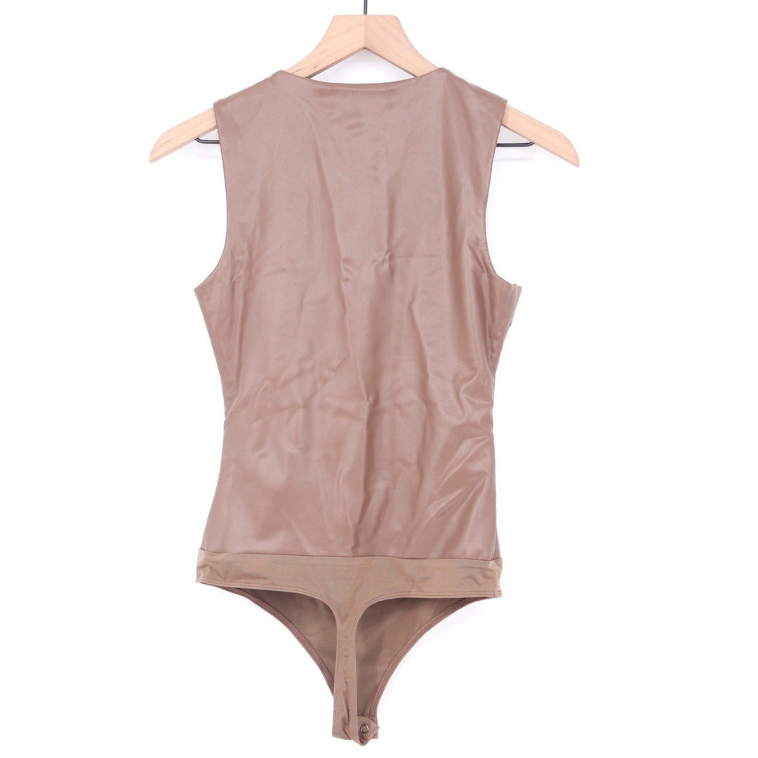 Express Body Contour Faux Leather Bodysuit Mocha Brown Sleeveless Small