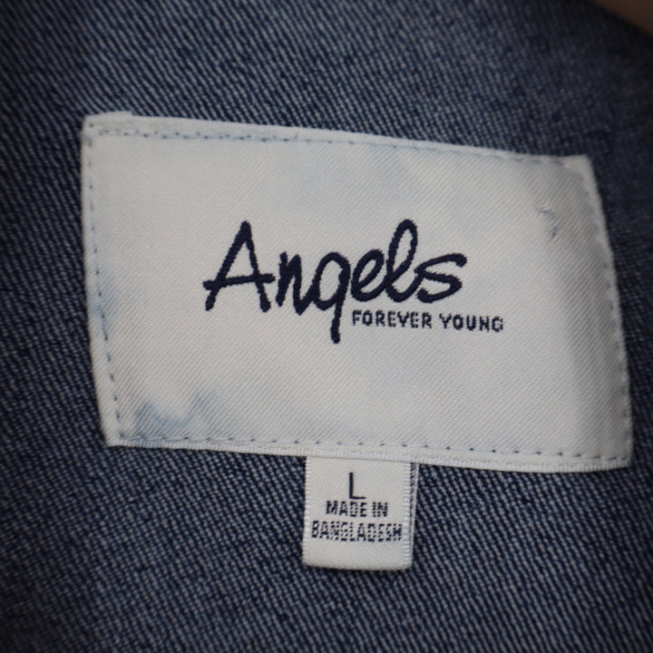 Angels Forever Young Womens Dark Wash Frayed Hem Denim Trucker Jacket Large Blue